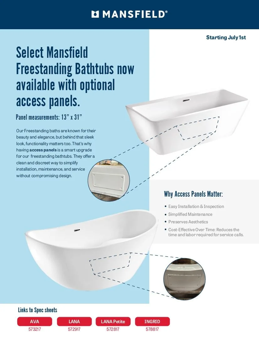 Mansfield Freestanding Bathtubs Now Available with Optional Access
